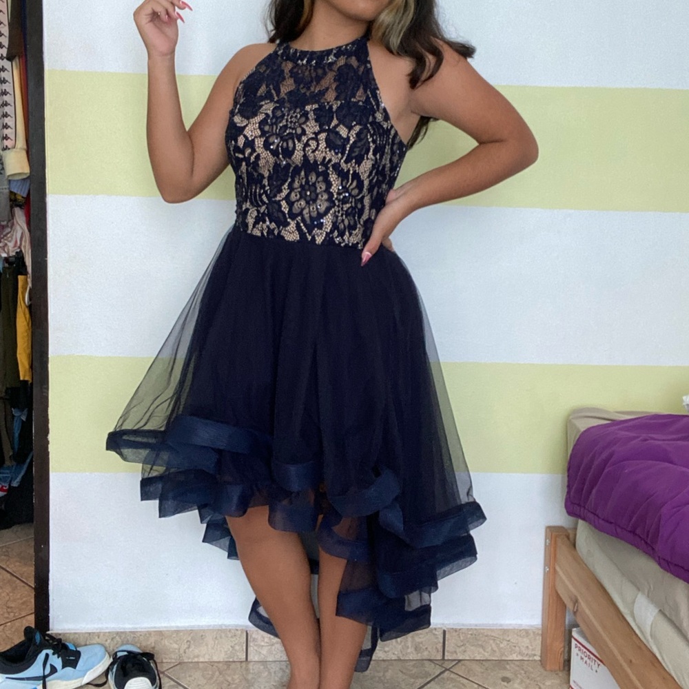 NAVY BLUE LACE AND TULLE PROM DRESS